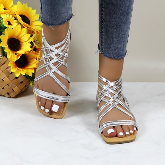 Women's Roman Gladiator Muliti Straped Back Zip Design Flat Heel Sandals Silver - Picture 4 of 5